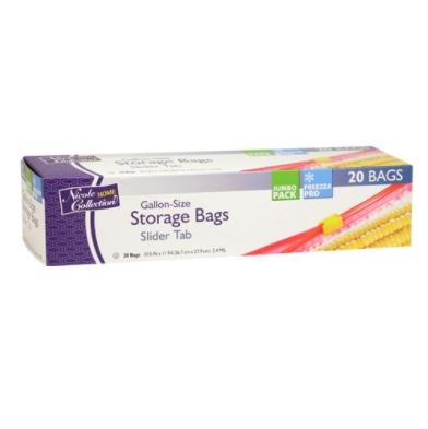 Box of "Nicole Home Collection" gallon-size storage bags with slider tab.